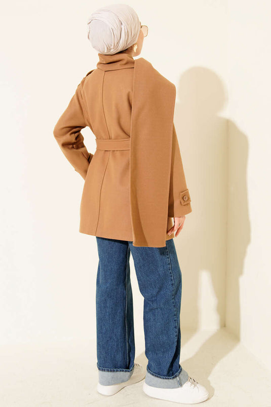 Omuz Apoletli Atkılı Kaşe Kaban Latte