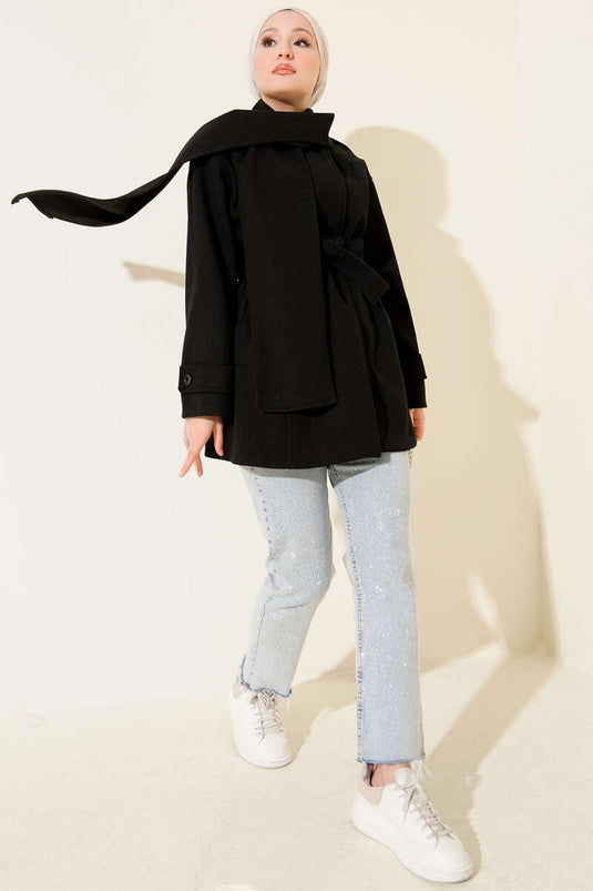 Omuz Apoletli Atkılı Kaşe Kaban Siyah