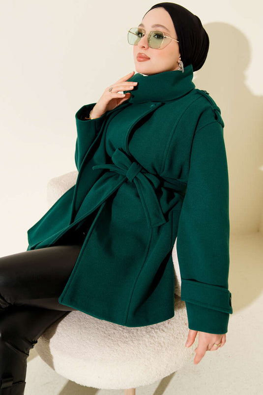 Manteau en drap avec écharpe et épaulettes, émeraude