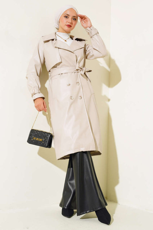 Ledermantel mit Schulterklappen, Beige