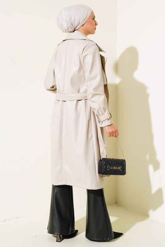 Trench-coat en cuir beige à épaulettes