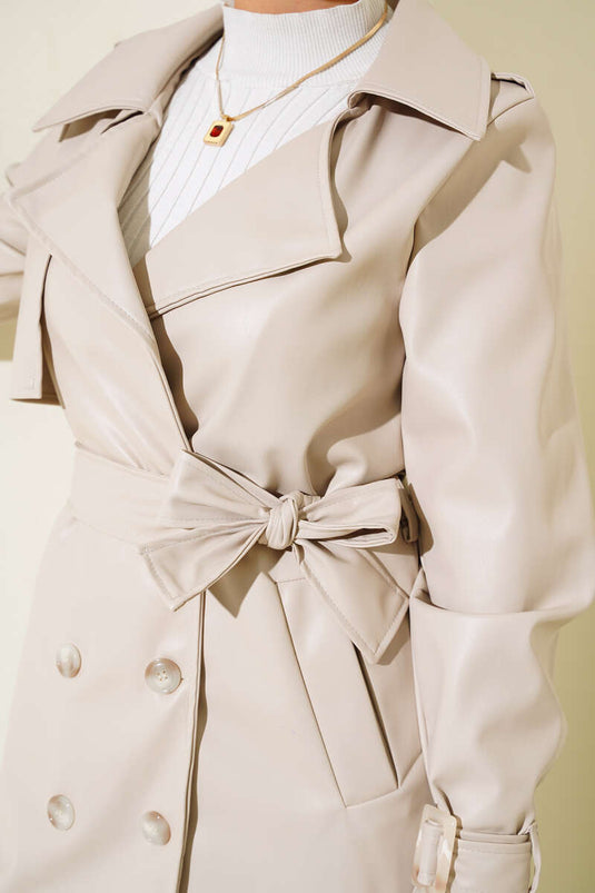 Ledermantel mit Schulterklappen, Beige