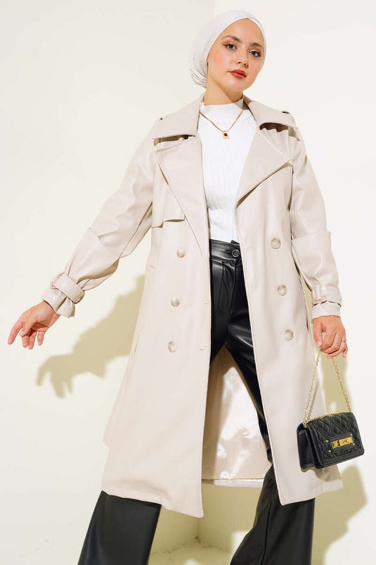 Trench-coat en cuir beige à épaulettes