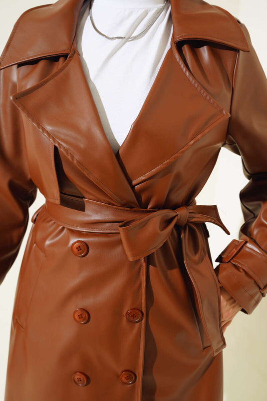 معطف ترنش من الجلد مع أكتاف، لون بني