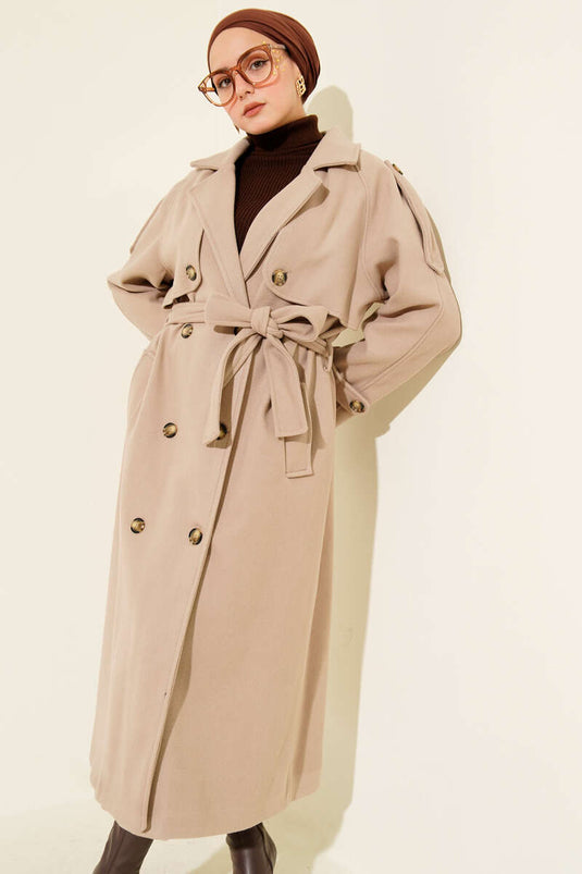 Beige Double-Breasted Overcoat with Shoulder Epaulettes and Button Details