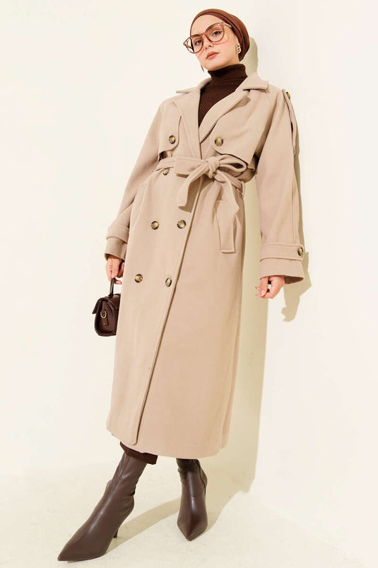 Beige Double-Breasted Overcoat with Shoulder Epaulettes and Button Details