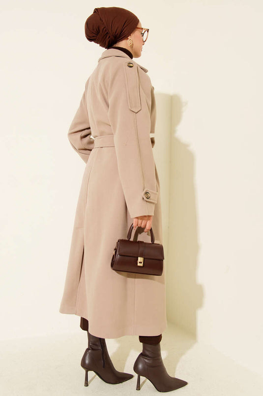 Beige Double-Breasted Overcoat with Shoulder Epaulettes and Button Details