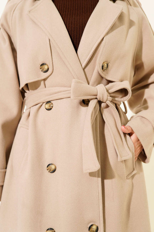 Beige Double-Breasted Overcoat with Shoulder Epaulettes and Button Details