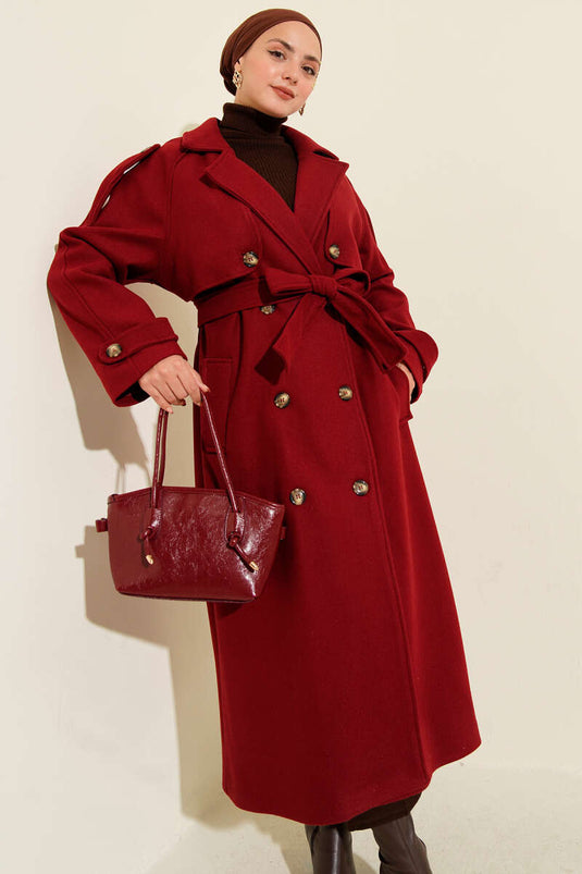 Omuz Apoletli Düğme Detaylı Kaşe Kaban Bordo