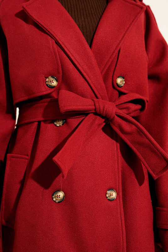 Omuz Apoletli Düğme Detaylı Kaşe Kaban Bordo