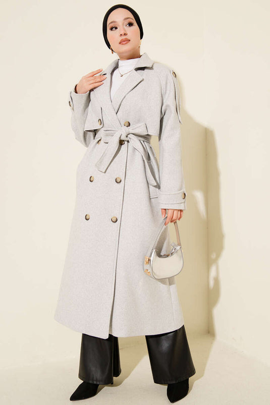 Melange Grey Cashmere Coat with Shoulder Epaulette and Button Detail