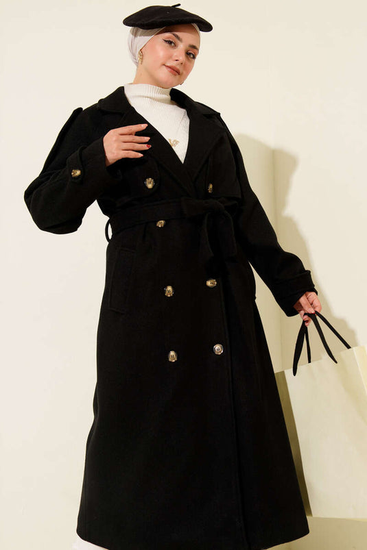 Kaschmirmantel mit Schulterklappen und Knopfdetail in Schwarz