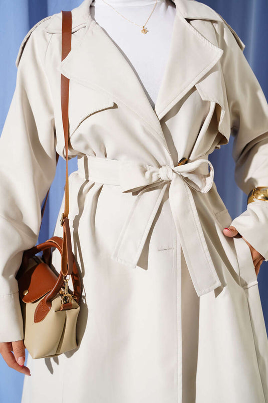 معطف ترنش بتفاصيل أزرار الكتف والكتف - حجر