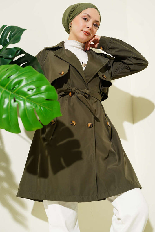 معطف ترنش بدون بطانة بأزرار وكتف مزخرف بلون زيتي