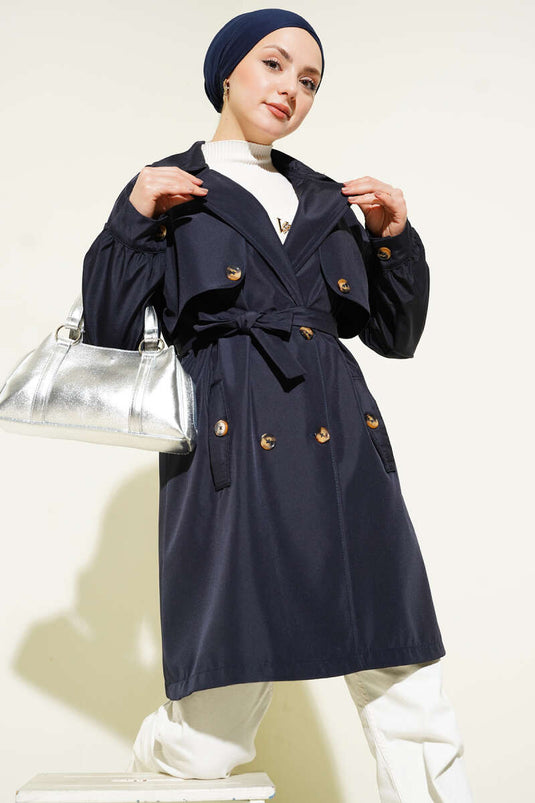 Trench-coat bleu marine sans doublure à boutons avec épaulettes