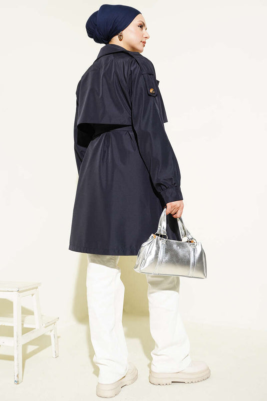 Omuz Apoletli Düğmeli Astarsız Trençkot Lacivert