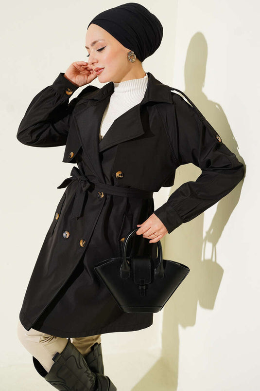Trench senza fodera con spalline e bottoni Nero