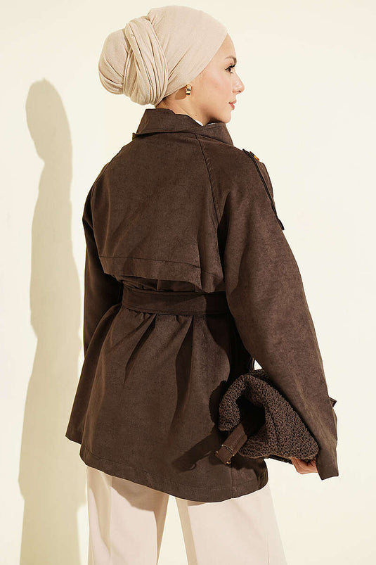 Korte Suède Trenchcoat Met Schouderepaulet En Knopen In Pittig Bruin