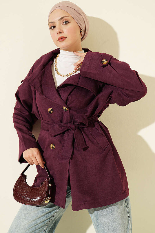 Trench Coat Corto In Camoscio Con Spalline E Bottoni Bordeaux