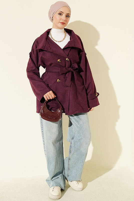 Trench Coat Corto In Camoscio Con Spalline E Bottoni Bordeaux