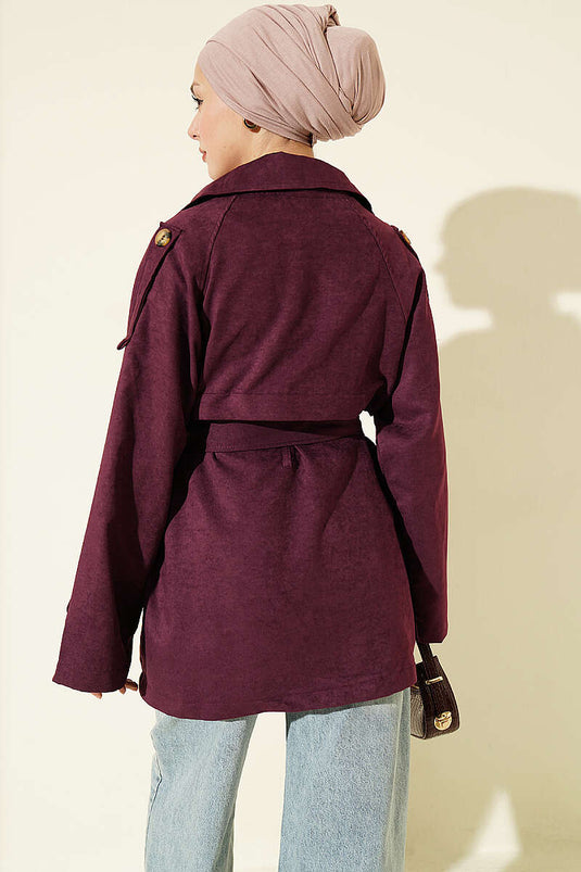 Trench Coat Corto In Camoscio Con Spalline E Bottoni Bordeaux