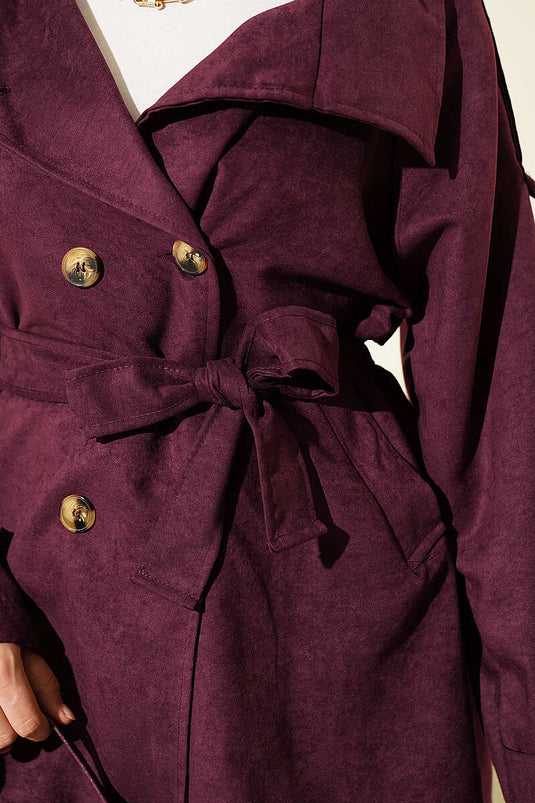 Trench Coat Corto In Camoscio Con Spalline E Bottoni Bordeaux