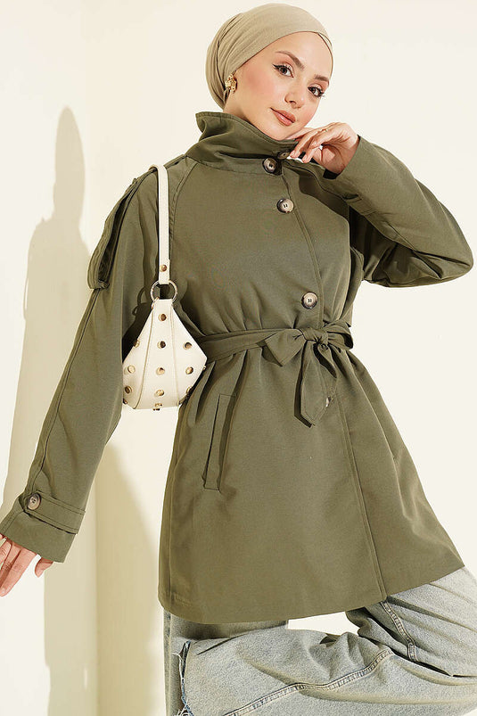 Schouder Epaulet Met Knopen Trenchcoat Khaki