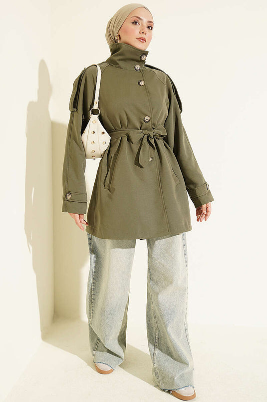 Schouder Epaulet Met Knopen Trenchcoat Khaki