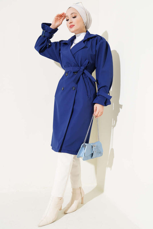 Shoulder Epaulette Buttoned Trench Coat Navy Blue