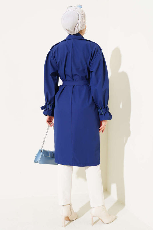 Shoulder Epaulette Buttoned Trench Coat Navy Blue