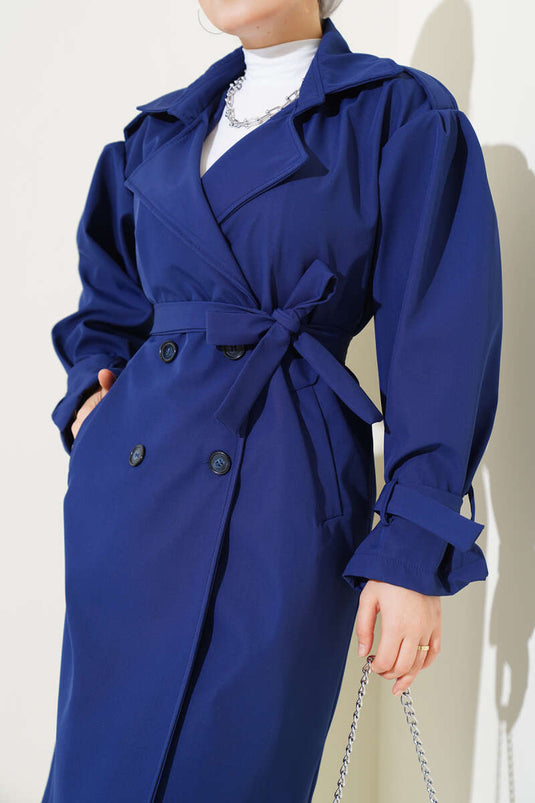 Shoulder Epaulette Buttoned Trench Coat Navy Blue