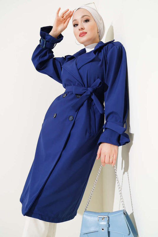 Shoulder Epaulette Buttoned Trench Coat Navy Blue