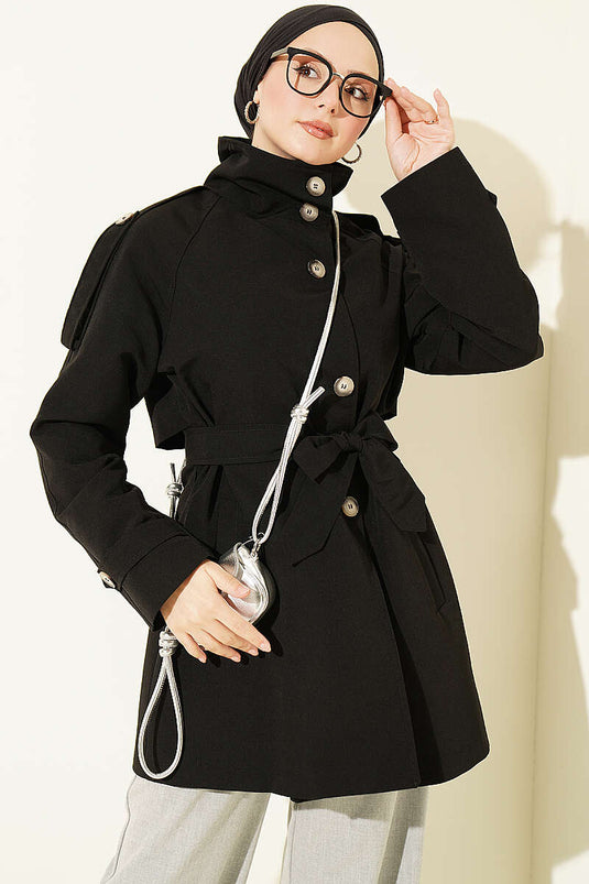 Black Shoulder Epaulet Buttoned Trench Coat