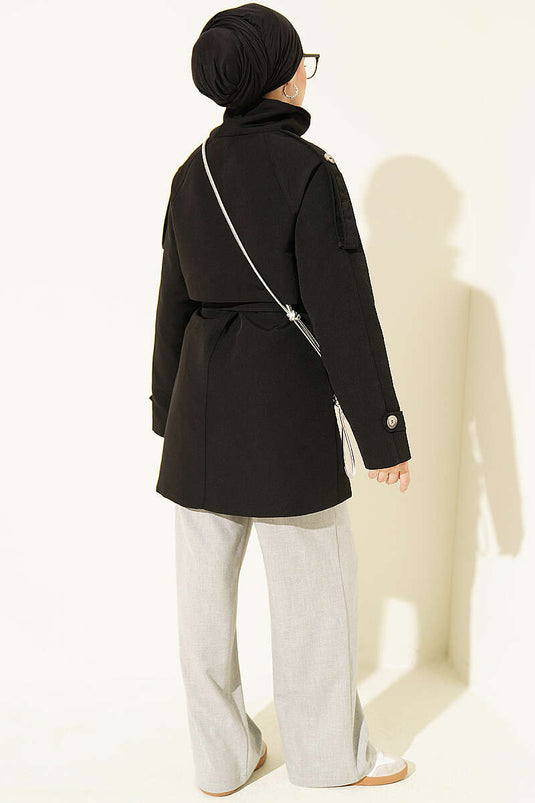 Black Shoulder Epaulet Buttoned Trench Coat