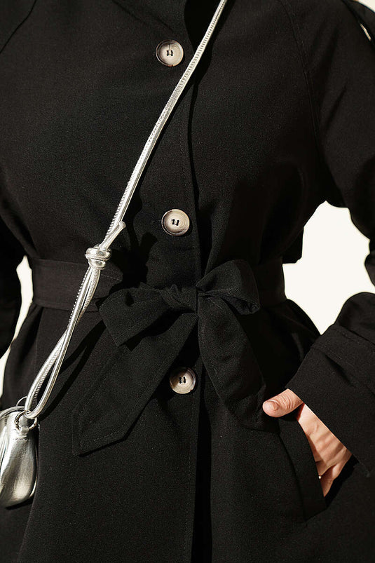 Black Shoulder Epaulet Buttoned Trench Coat