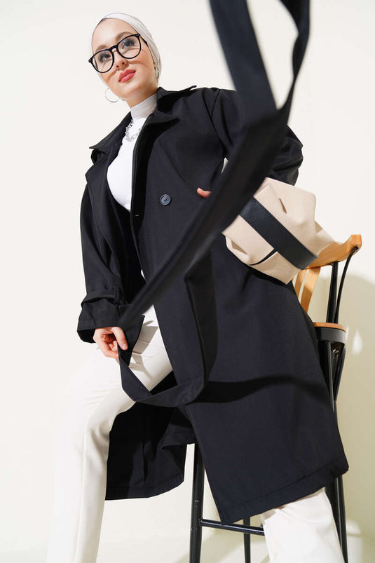 Shoulder Epaulette Buttoned Trench Coat Black