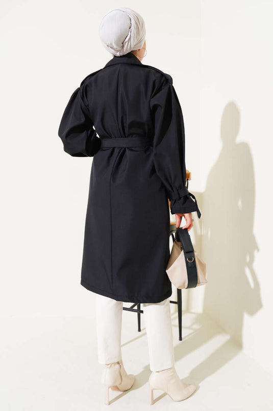 Shoulder Epaulette Buttoned Trench Coat Black