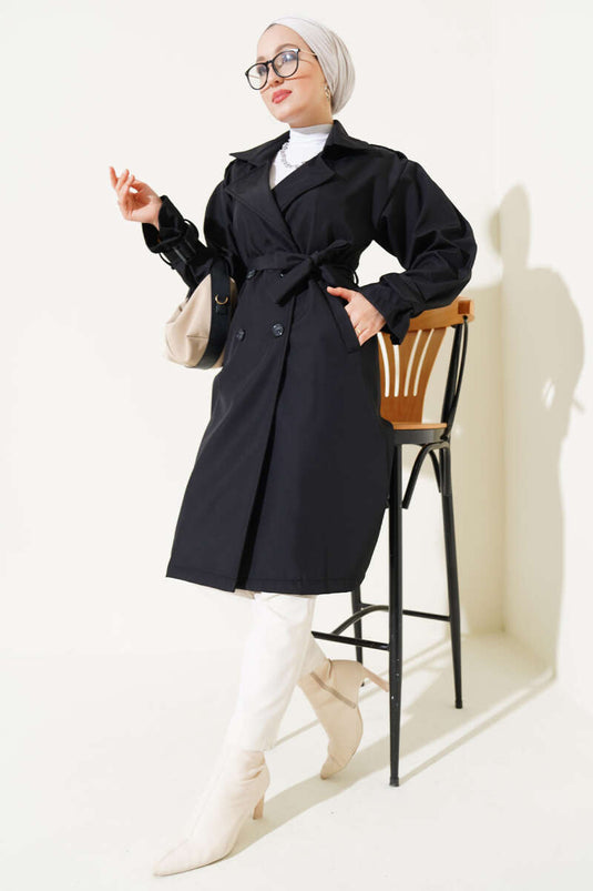 Shoulder Epaulette Buttoned Trench Coat Black