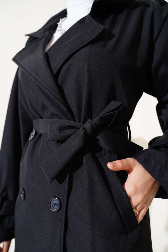 Shoulder Epaulette Buttoned Trench Coat Black