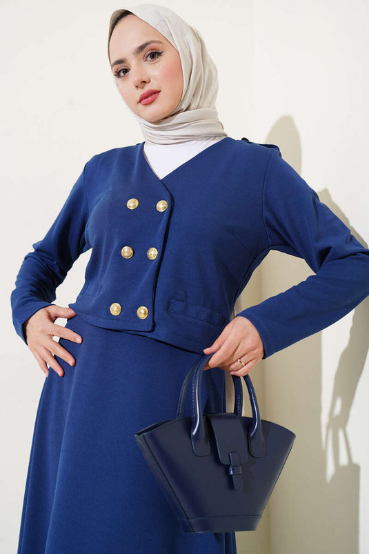 Shoulder Epaulette Gold Button Skirted Suit Navy Blue