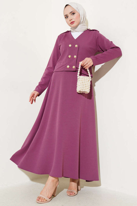 Shoulder Epaulette Gold Button Skirt Set Magenta