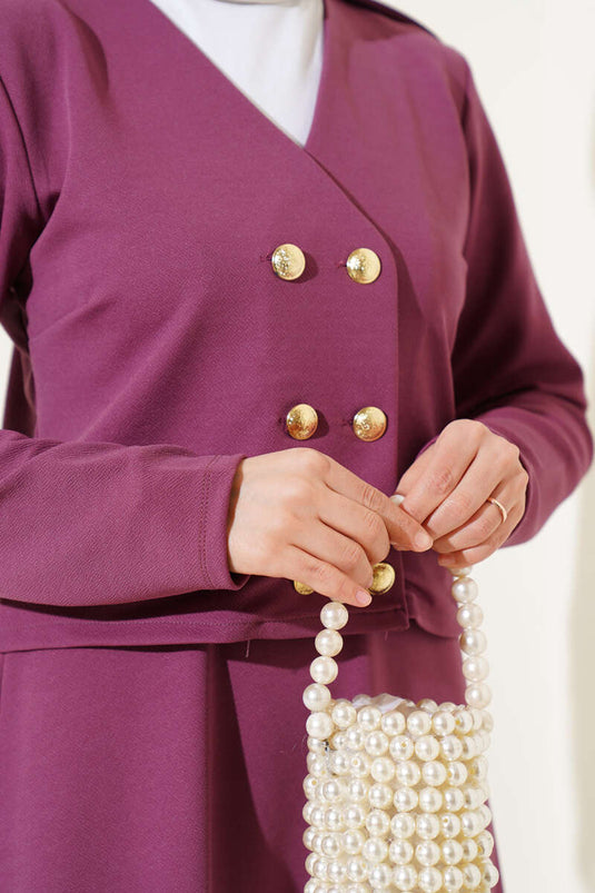 Shoulder Epaulette Gold Button Skirt Set Magenta