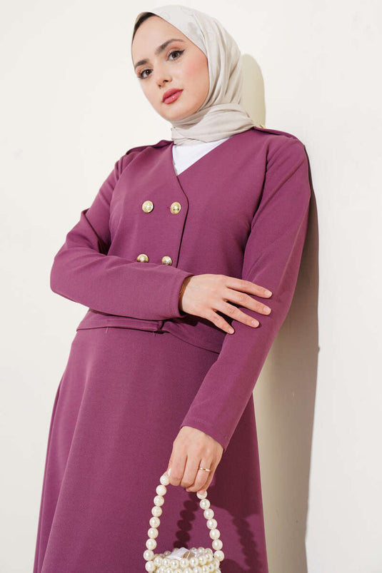 Shoulder Epaulette Gold Button Skirt Set Magenta