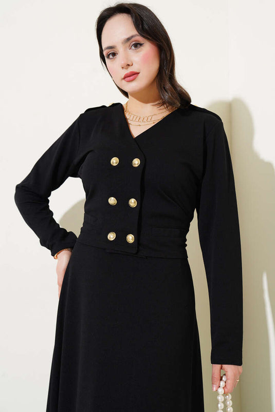 Shoulder Epaulette Gold Button Skirt Set Black