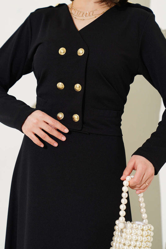 Shoulder Epaulette Gold Button Skirt Set Black