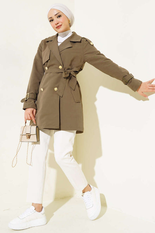 Shoulder Epaulette Short Trench Coat Khaki