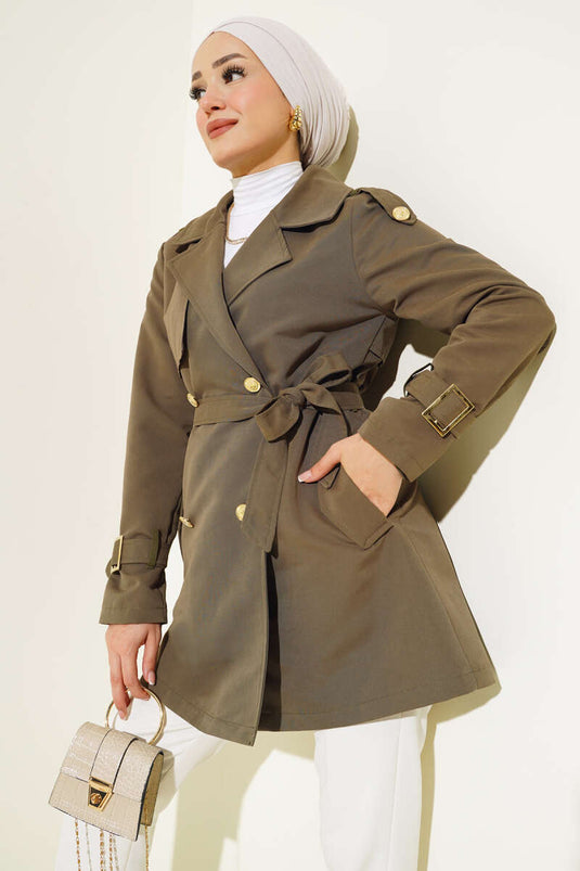 Shoulder Epaulette Short Trench Coat Khaki