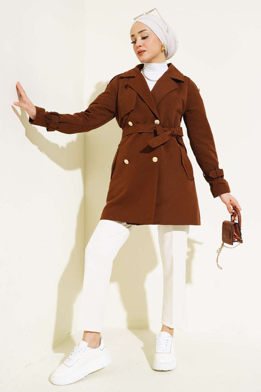 Shoulder Epaulette Short Trench Coat Brown