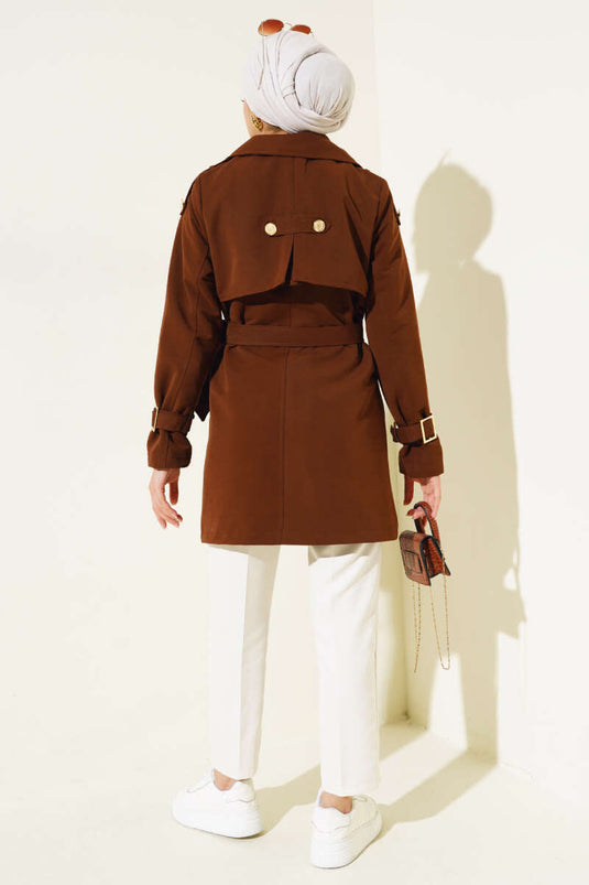 Shoulder Epaulette Short Trench Coat Brown