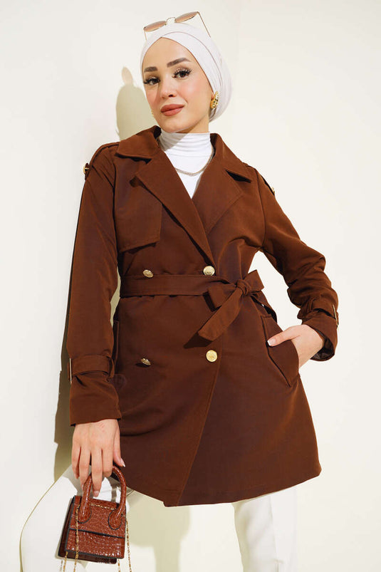 Shoulder Epaulette Short Trench Coat Brown